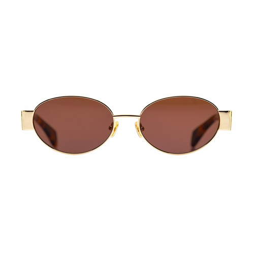 Isla gold frame oval womens designer sunglasses brown lens