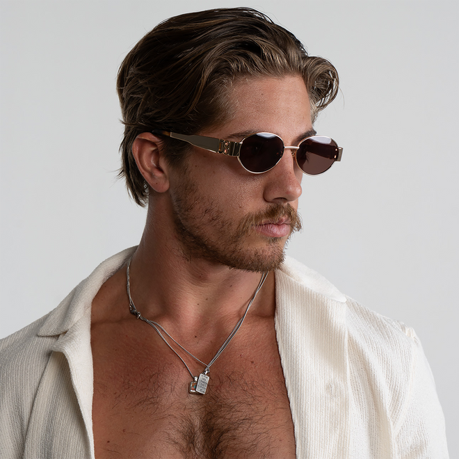 Isla Gold Frame Oval Men's Designer Sunglasses Brown Lens