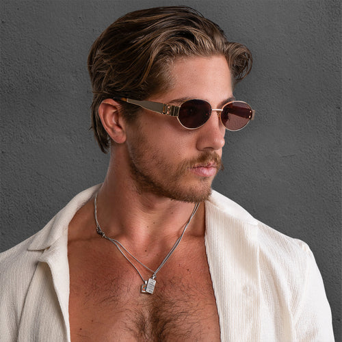 Isla gold frame oval women's designer sunglasses brown lens