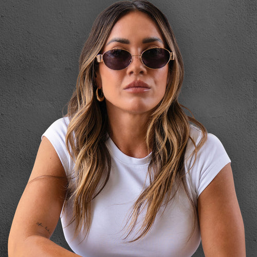 Isla gold oval women's designer sunglasses black lens