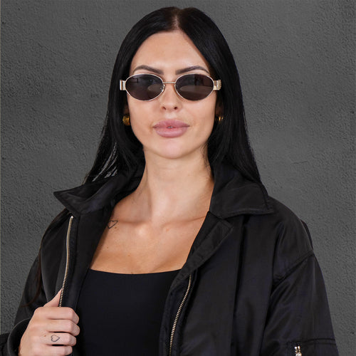 Isla silver frame women's designer sunglasses black lens