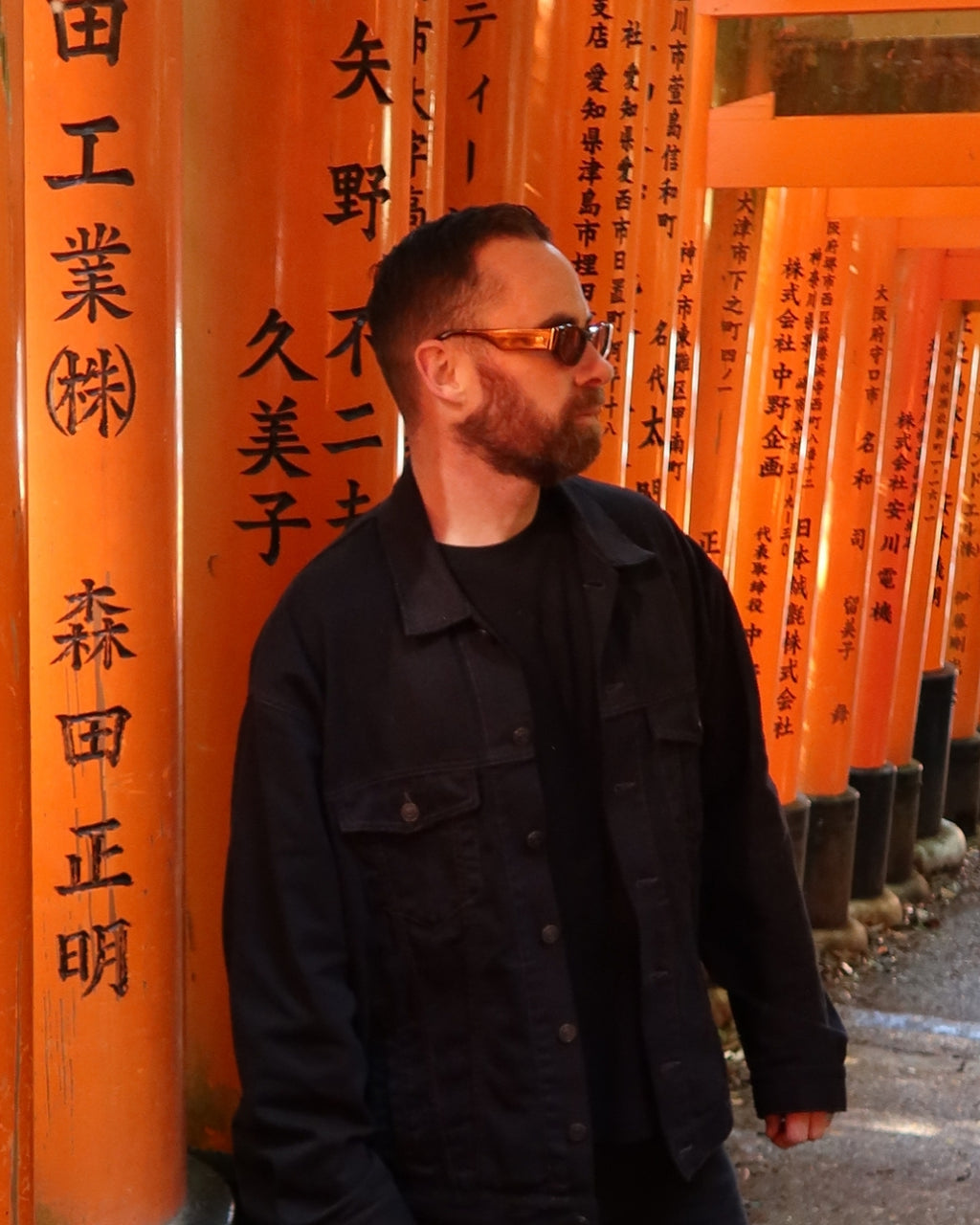 Man wearing sunglasses and a black coat standing in front of orange torii gates with Japanese text.