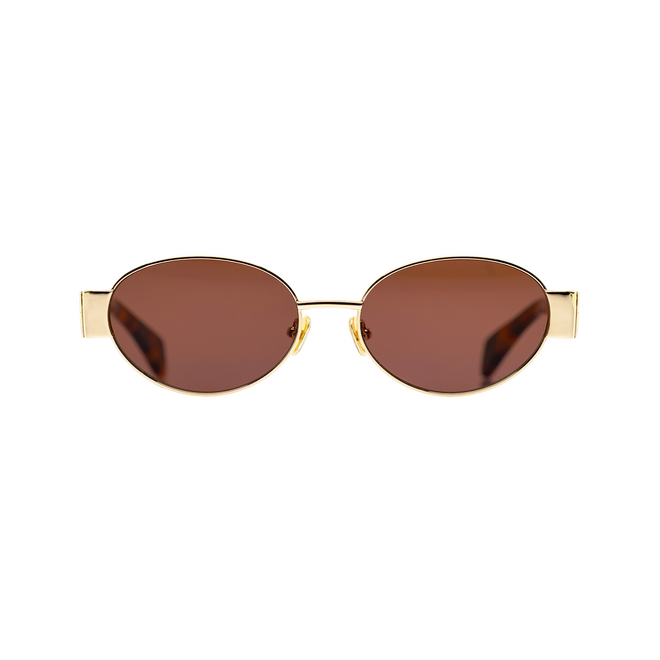 Isla gold frame oval womens designer sunglasses brown lens